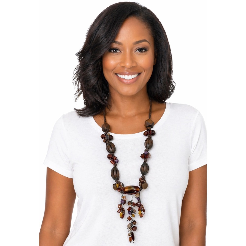 Boho Earth Tone Beaded Statement Necklace Wood Resin Glass Fringe Brown 103-141‎
